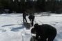 Cpl Dunford, Cpl Mosher, and Tpr Bolstad unpacking their toboggans to start their tent setup