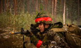 Cpl James Payette From call sign Razorback engages the enemy while acting as OPFOR during Ex STEELE BRAWLER. Credit Sgt Felipe Barandica, Spanish Army